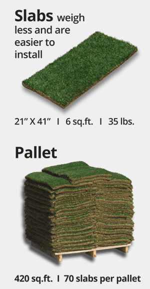 The size of a slab of sod is 21" x 41" and 70 come on a pallet