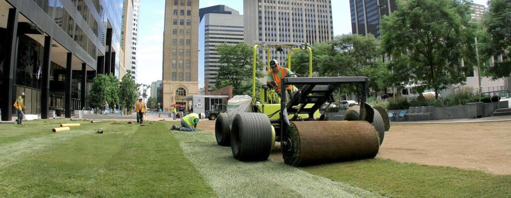 Machine placing sod in front of the building in Denver, CO