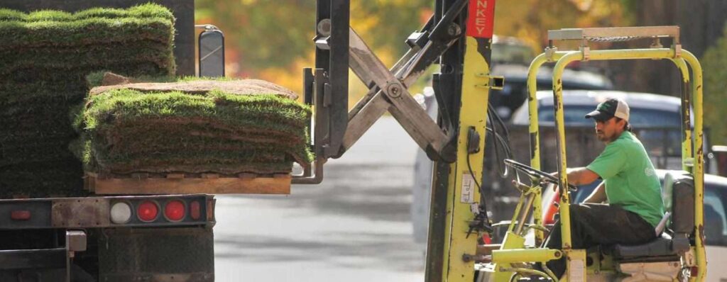 Loading turf on a truck by forklift