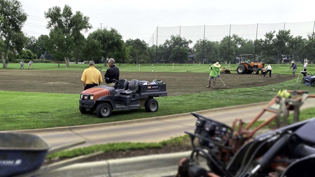 We can rejuvenate driving range tees quickly and efficiently. Existing Sod is removed with a big roll sod cutter or with a Koro ® FIELDTOPMAKER ®. The range tee surface is tilled, and laser graded prior to installation of big rolls of GVT Short Cut Blue sod.